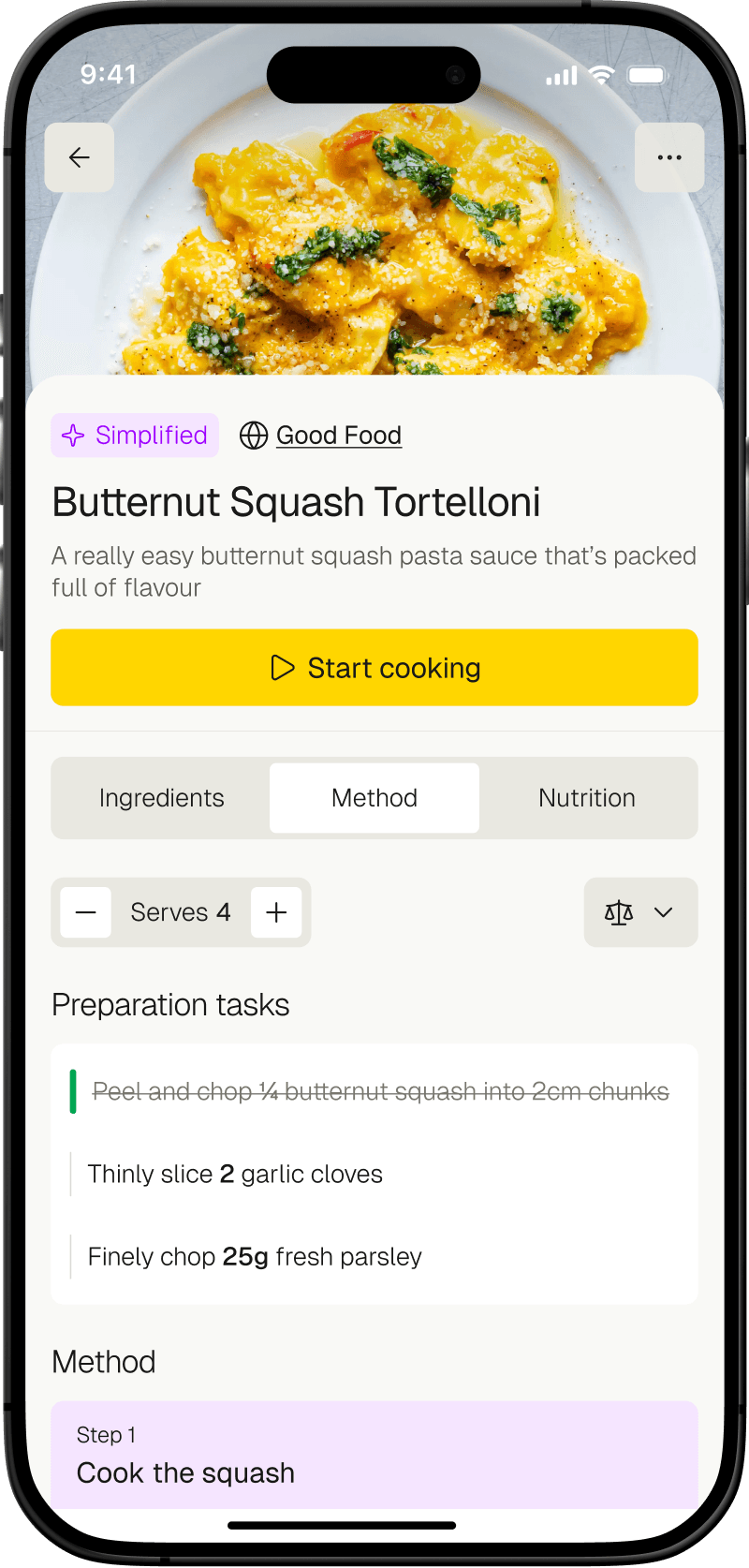 The Scran app showing a recipe broken down into clear, simplified steps